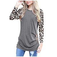 Leopard Patchwork T-Shirt, Womens Casual Long Sleeve Cowl Neck Button Down Tunic T Shirt Blouse Tops（Gray，L）