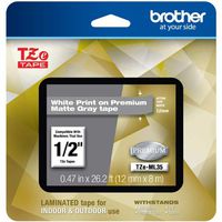 Brother TZe Premium TZeML35 Label Tape - Brother P-Touch TZe-ML35 White Print on Premium Matte Gray Laminated Tape 12mm (0.47") Wide x 8m (26.2') Long