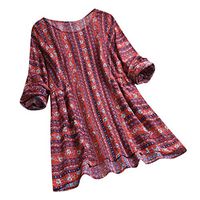 Aniywn Women Plus Size Linen National Tunic T-Shirt Loose Plus Size Boho Swing Long Tops Blouse