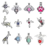 12Pcs Mix Style Animals Pendant Goldfish, Spiders, Deer, Turtles, Footprints, Birds.Dragon, Dolphins Pearl Bead Cage Pendants Essential Oil Scent Diffuser Cage Charms