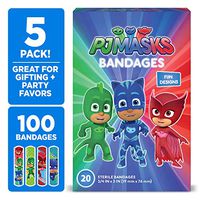 PJ Masks Kids Bandages, 100 ct | Adhesive Antibacterial Bandages for Minor Cuts, Scrapes, Burns. Great Stocking Stuffer or White Elephant