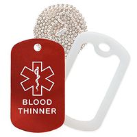 Blood Thinner Medical Alert ID Necklace with Red Tag, Clear Silencer, and 30'' USA Chain - 154 Color Choices