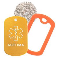 Asthma Medical Alert ID Necklace with Gold Tag, Orange Silencer, and 30'' USA Chain - 154 Color Choices