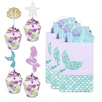 YOUTH UNION 60 Pack Mermaid Cupcake Toppers & Wrappers & Mermaid Gift Bags for Baby Shower Birthday Party Supplies Cake Decoration