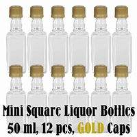 Mini SQUARE Plastic Alcohol 50ml Liquor Bottle Shots + GOLD Caps (12)