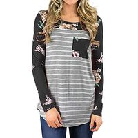HNTDG Women's Autumn Long Sleeve O Neck with Pocket Floral Printed Stripe Casual Sweatshirts Blouse Tops Black