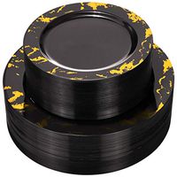 NERVURE 102PCS Black with Gold Marbling Plastic Plates-Disposable Plastic Plates with Gold Marbling- Plastic Wedding Party Plates including 51Plastic Dinner Plates 10.25inch,51 Salad Plates 7.5inch