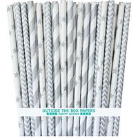 Outside the Box Papers Silver Stripe, Chevron and Star Paper Straws 7.75 Inches 75 Pack Silver, White