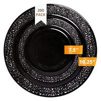 Party Joy 200-Piece Plastic Dinnerware Set | Lace Collection | (100) Dinner Plates & (100) Salad Plates | Heavy Duty Premium Plastic Plates for Wedding, Parties, Camping & More (Black)