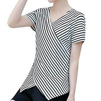 Coupondeal Fashion Ladies' Short Sleeved Lrregularity Shirt With V Neck Stripe Shirt(White,M)