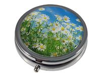 Field of Daisies Silver Three Compartment Pocket/Purse/Travel Pill Box Case