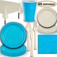 Disposable Party Supplies, Serves 40 - Turquoise and Cream - Large and Small Paper Plates, 12 oz Plastic Cups, Heavyweight Cutlery, Napkins, and Tablecloths. Full Two-Tone Tableware Set