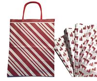 Gift WRAP Set: Christmas Gift Bags with Tissue Paper Bundle, Set of 6 (Recycled Peppermint Stripe with Woodland Cabin)