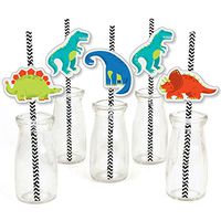 Roar Dinosaur - Paper Straw Decor - Dino Mite T-Rex Baby Shower or Birthday Party Striped Decorative Straws - Set of 24