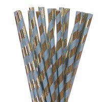 Biodegradable Paper Straws Blue With Gold Foil Stripe (100)