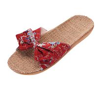 Emimarol Home Slippers Women Linen Indoor Shoes Men Beach Slipper Floral Print Silent Flip Flops for Women Sandals Wine Red