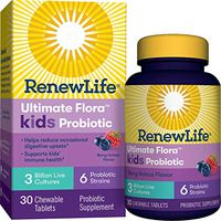 Renew Life Kids Probiotics 3 Billion CFU Guaranteed, 6 Strains, Shelf Stable, Gluten Dairy & Soy Free, 30 Chewable Tablets, Ultimate Flora Kids Probiotics Berry-licious (Packaging May Vary)