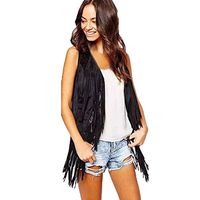 Drfoytg Women Solid Vest Leather Ethnic Cardigan Tassel Sleeveless Coat Autumn (Black, X-Large)
