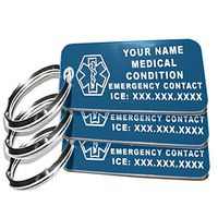 My Identity Doctor - 3 Custom Engraved Medical Alert ID Keychain Tags, Plastic, Rectangle, Blue, Small, 2.25 x .79 Inch, 3 Pack