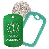 Dairy Allergy Medical Alert ID Necklace with Green Tag, Green Dark Silencer, and 30'' USA Chain - 154 Color Choices