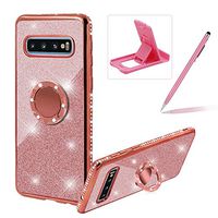 Rose Gold Glitter Case for Samsung Galaxy S10,Soft Rubber Cover for Samsung Galaxy S10,Herzzer Luxury 2 in 1 Crystal Bling Diamond Plating Frame Silicone Case with 360 Degree Ring Holder