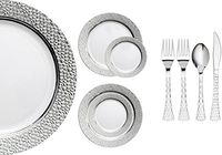 Royalty Settings Hammered Collection Heavy Duty Plastic Plates for Weddings for 20 Persons, Includes 20 Dinner Plates, 20 Salad Plates, 40 Forks, 20 Spoons, 20 Knives, White with Silver Rim