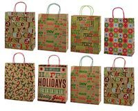 Christmas X-Large Gift Bags with Glitter and Foil Hotstamps, Kraft, 8 Pack