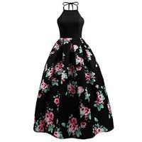 Women Halter Floral Long Swing Dress Sleeveless Prom Party Ball Gown Formal Evening Beach Maxi Dress (Black, XL)