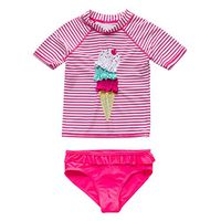 3-8Y Kids Children Girls Swimwear 2Pcs Set Short Sleeve Striped Cartoon Ice Cream Split Swimsuit (Hot Pink, 4-5 Years)
