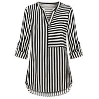NEARTIME Women's Chiffon Blouse Fashion Striped Split V-Neck T-Shirts Long Sleeve Casual Shirt Long Tops