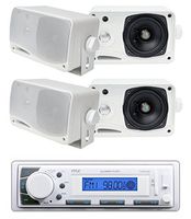 4) New Pyle PLMR24 3.5" 400W 3-Way Marine Speaker System + PLMR20W MP3 Receiver