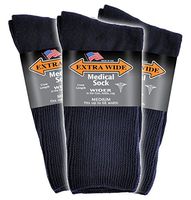 Extra Wide Men's Navy Medical (Diabetic) Mid Calf Crew Sock, Shoe Size 8-11 Up to 6E Wide 3PK, Antimicrobial, Made in USA!