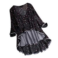 Meikosks Women's Floral Print Blouses Irregular Tops Patchwork Long Sleeve Shirt Plus Size Tee Black