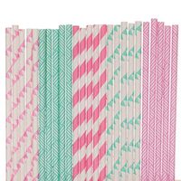 Pink and Aqua Blue Paper Straw Mix - Basket Weave, Pennant Banners, Striped (25)