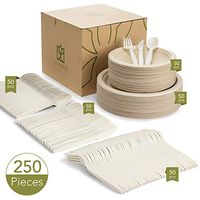 Biodegradable, Compostable Plates and Utensils, 250 Pieces, Service for 50 - Eco-Friendly, Disposable Plates for Parties, Microwave and Freezer Safe - Premium, Biodegradable Dinnerware Set (Natural)