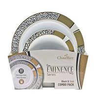 Eminence Series (5 oz. Dessert Bowls + 12 oz. Soup Bowls) 1 Combo Pack, Service for 16 (32 Bowls) Disposable/Reusable Plastic Party Tableware – Black/Gold