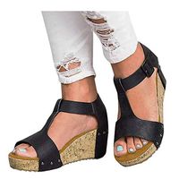 Cenglings Wedge Sandals.Womens’ Plus Size Open Toe Breathable Beach Sandals Hollow Out Strappy Casual Platform Dress Shoes(Black,36)