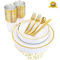 ENUOSUMA 200 Piece Plastic Plates, Dinnerware & Cups Set - Gold Rim Plates -Disposable Tableware include Dinner Plates Salad Plates, Cups, Spoons, Forks, Knives &Napkins for Wedding or Party