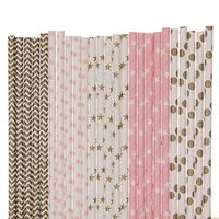 Gold and Pink Paper Straw Mix - Stars, Dots, Chevron (25)