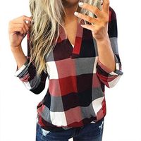 Long Sleeve Blouses for Women Autumn Winter 2019 Casual Cotton Long Sleeve V-Neck Plaid Shirt Women's Slim Jacket Shirt Top Tees, Viviplus Clothing