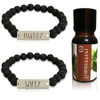 Wifey Hubby Lava Rock Stone Bead Bracelet with Aromatherapy Peppermint Essential Oil for Stress Relief Stainless Steel Plated Couples His, Hers, Women Men Gift Set Engagement Wedding Present