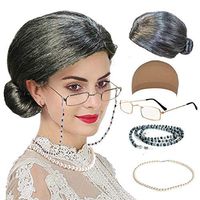 qnprt Old Lady/Mrs. Santa Wig, Madea Granny Glasses, Eyeglass Chains Holder and Cords Strap,FauxPearl Beads Choker Necklaces,Style-2