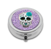 Pill Box,Shiny Purple Glitter with Sugar Skull Owl Pill Case for Purse Pocket Pill Organizer with 3 Compartments Silver 2.1 Inches Portable Vitamin Medicine Case Holder