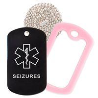 Seizures Medical Alert ID Necklace with Black Tag, Pink Silencer, and 30'' USA Chain - 154 Color Choices