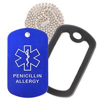 Penicillin Allergy Medical Alert ID Necklace with Blue Tag, Black Silencer, and 30'' USA Chain - 154 Color Choices