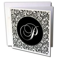 3dRose Letter P - Black and White Damask - Greeting Cards, 6 x 6 inches, set of 12 (gc_38765_2)