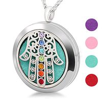 LiFashion LF 316L Stainless Steel 7 Chakras Energy Stone Essential Oil Diffuser Necklace Fatima Hamsa Hand Aromatherapy Fragrance Locket Pendant for Women Girls,Free Pads