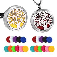 HooAMI 2pcs Aromatherapy Essential Oil Diffuser Necklace and Car Vent Clip - Tree of Life Stainless Steel Locket,24 Refill Pads