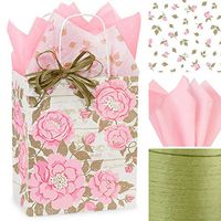 Gift WRAP Set: Gift Bags with Tissue Paper/Ribbon Bundle, Set of 10 (Pink Flowers/Pink Floral), for Wedding, Bridal Shower, Quinceanera