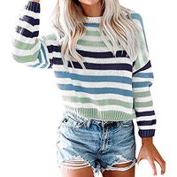 Women's Striped Pullover Sweater Long Sleeve Crewneck Casual Sweatshirt Knitted Color Block Tops